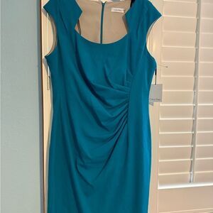 Calvin Klein Blue Ruched Midi Dress with Cowl Neck